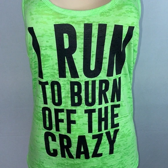 “ I Run To Burn Off The Crazy” Racerback Heathered Lime Green Workout Tank Top - Picture 4 of 8